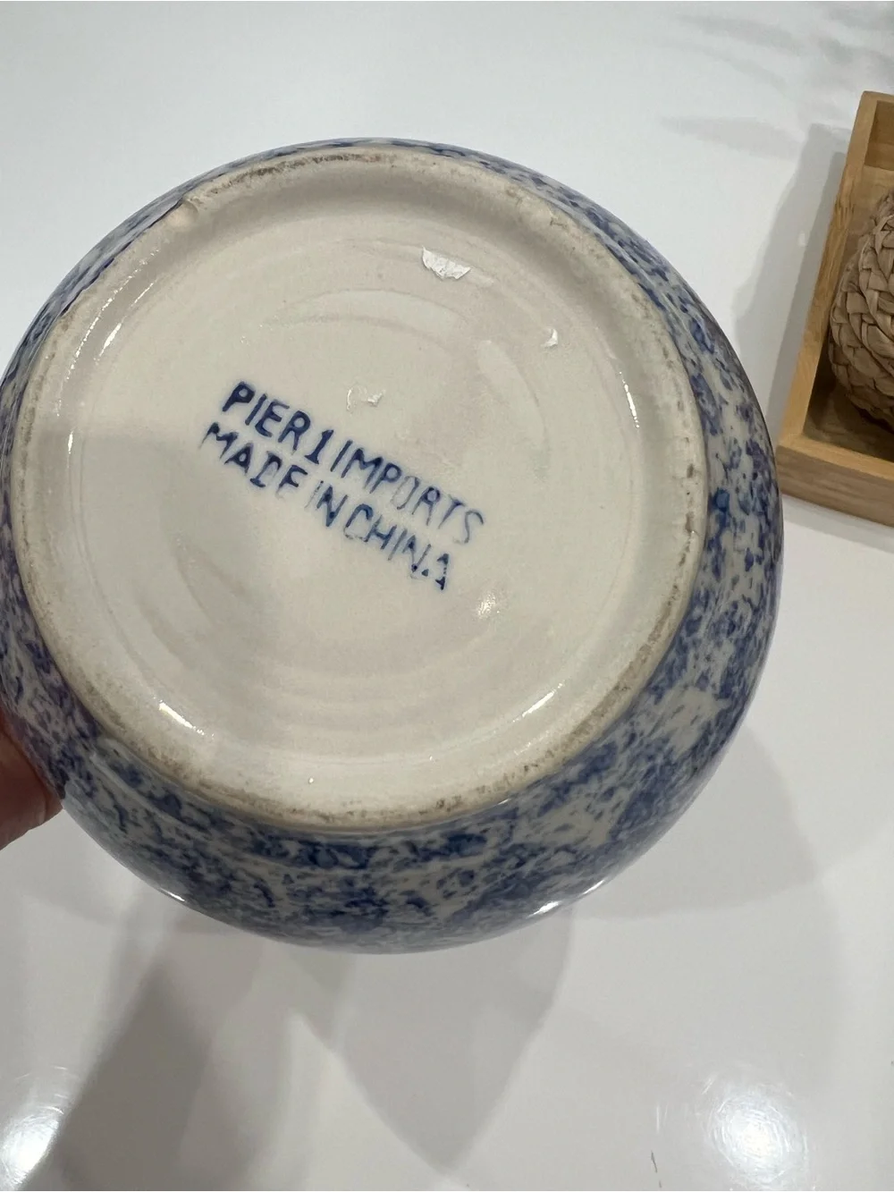 Pier 1 Blue and Cream Speckled Ceramic Serving Bowl